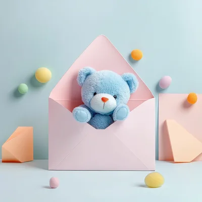 Blue Teddy Bear Inside A Pink Envelope