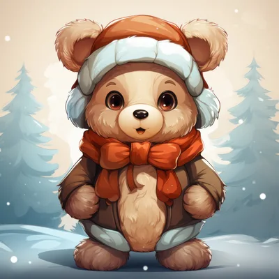 Cute Teddy Bear Wearing Winter Clothes in Snowy Forest