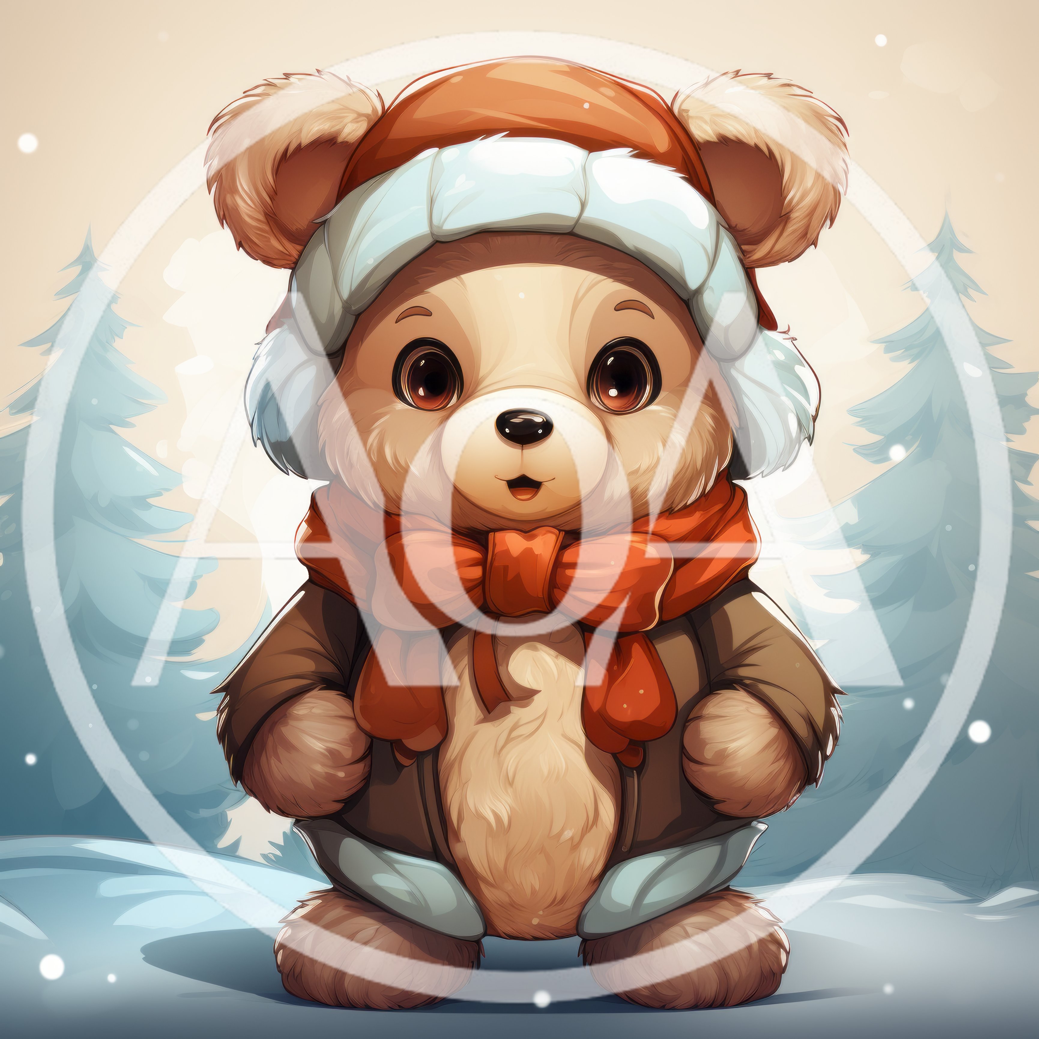 Cute Teddy Bear Wearing Winter Clothes in Snowy Forest