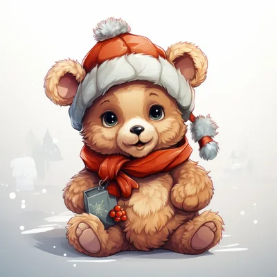 Cute Teddy Bear Wearing Winter Hat and Scarf