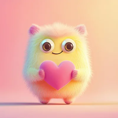 Cute Fluffy Yellow Monster Holding A Pink Heart