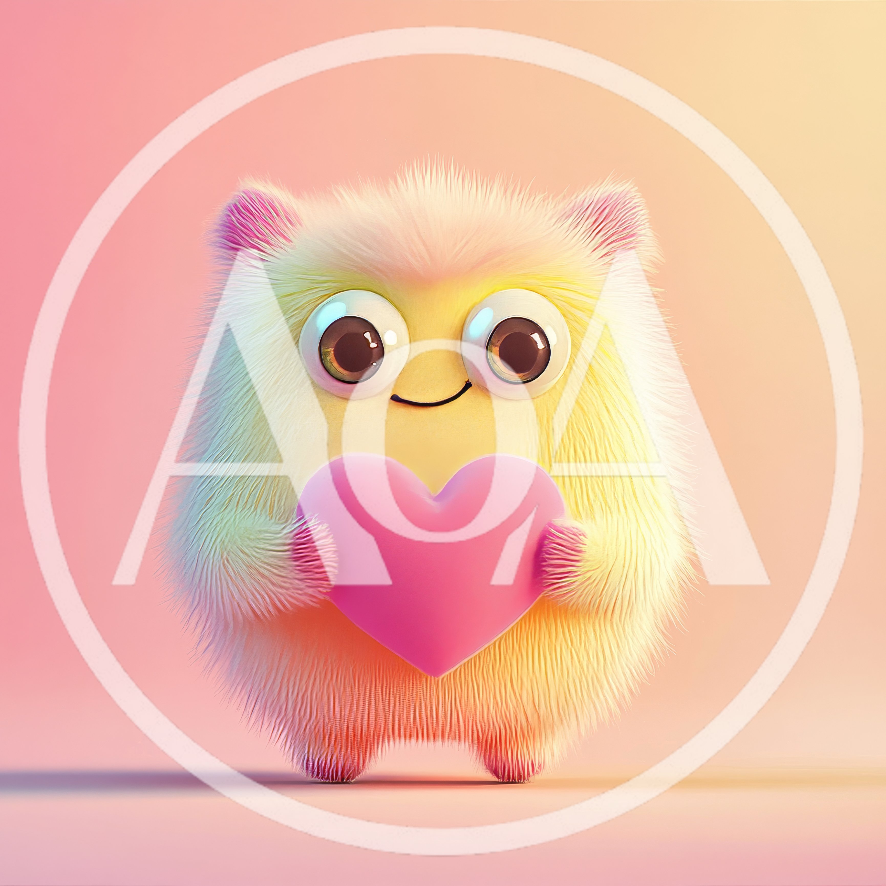 Cute Fluffy Yellow Monster Holding A Pink Heart
