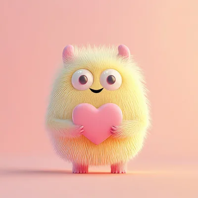 Cute Fluffy Yellow Monster Holding A Pink Heart
