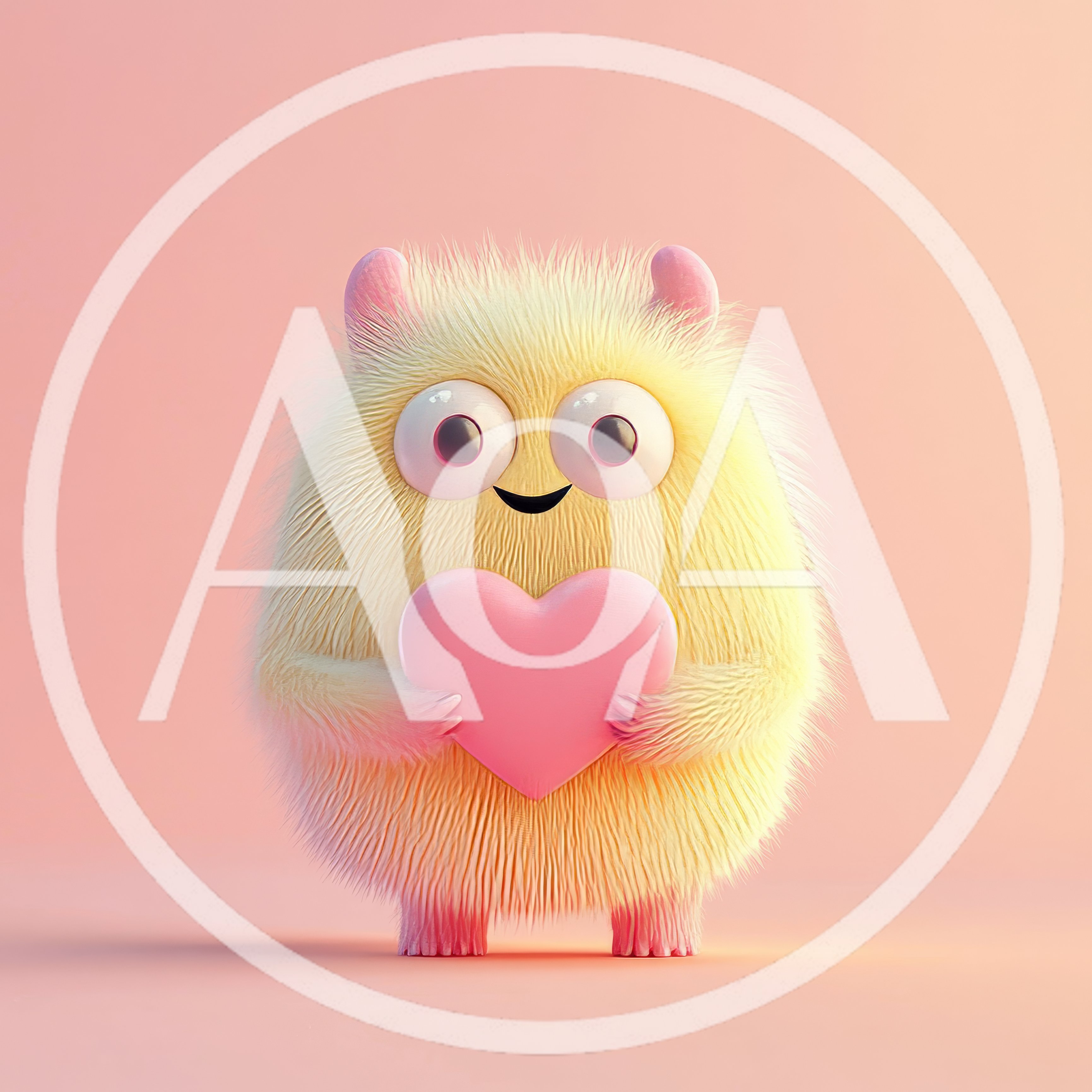 Cute Fluffy Yellow Monster Holding A Pink Heart