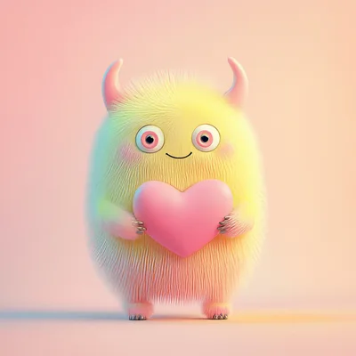 Cute Fluffy Yellow Monster Holding A Pink Heart