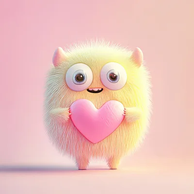 Cute Fluffy Yellow Monster Holding A Pink Heart