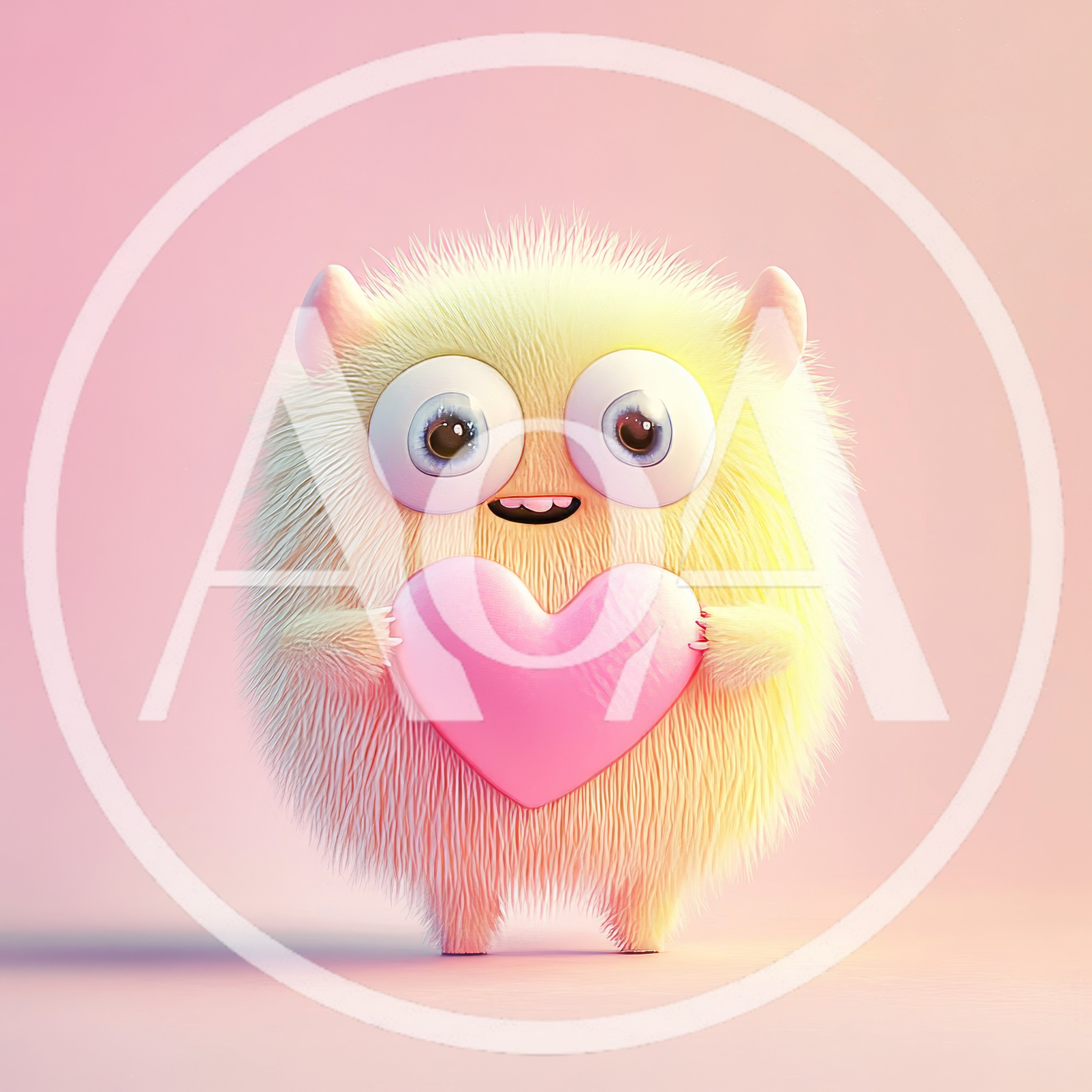 Cute Fluffy Yellow Monster Holding A Pink Heart