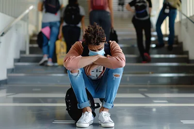 Sad Student Sitting Alone On School Hallway Floor