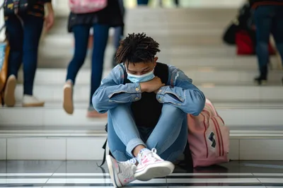 Sad Student Sitting Alone On School Stairs
