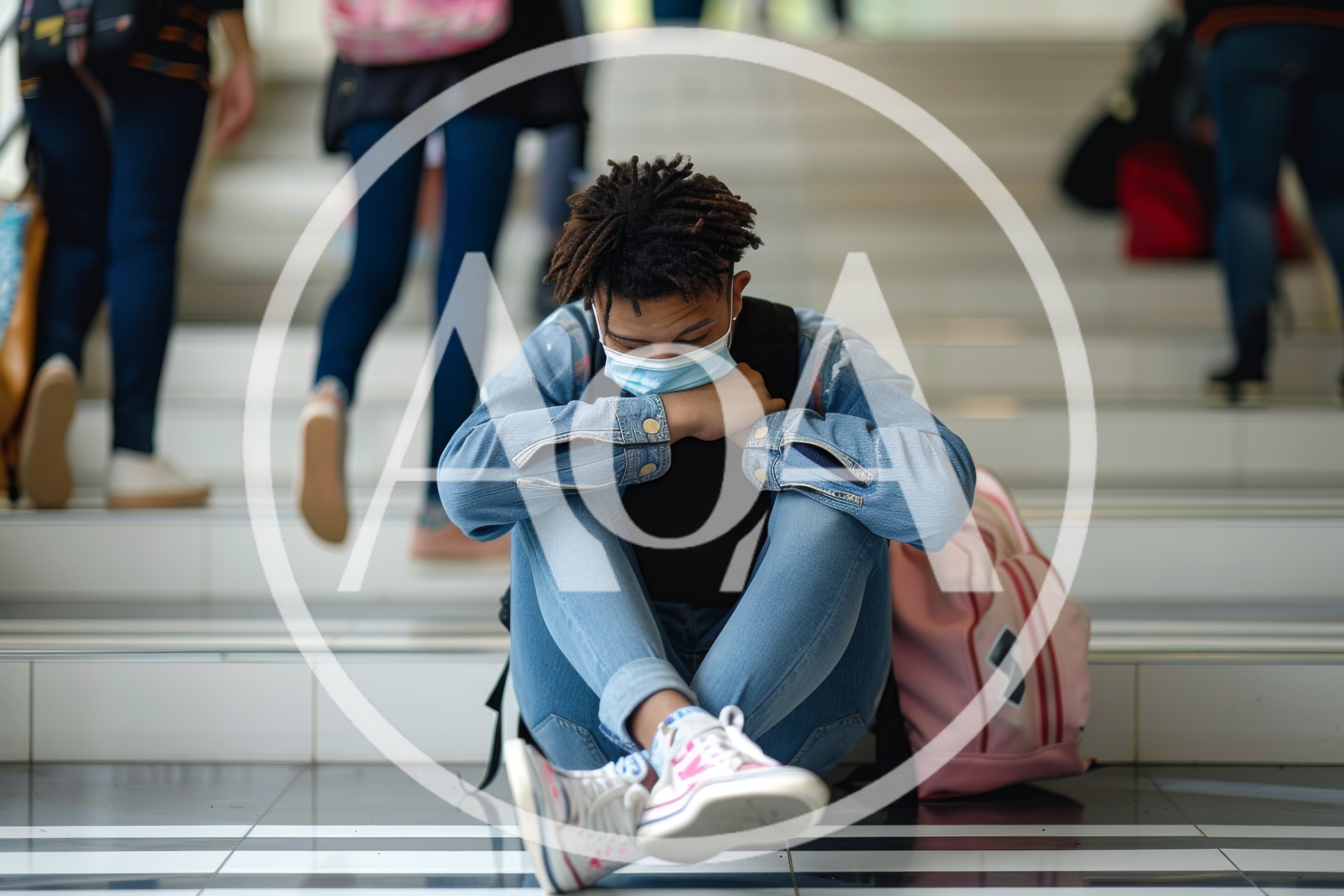 Sad Student Sitting Alone On School Stairs