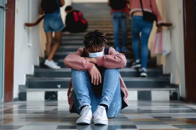 Sad Student Sitting Alone On School Staircase