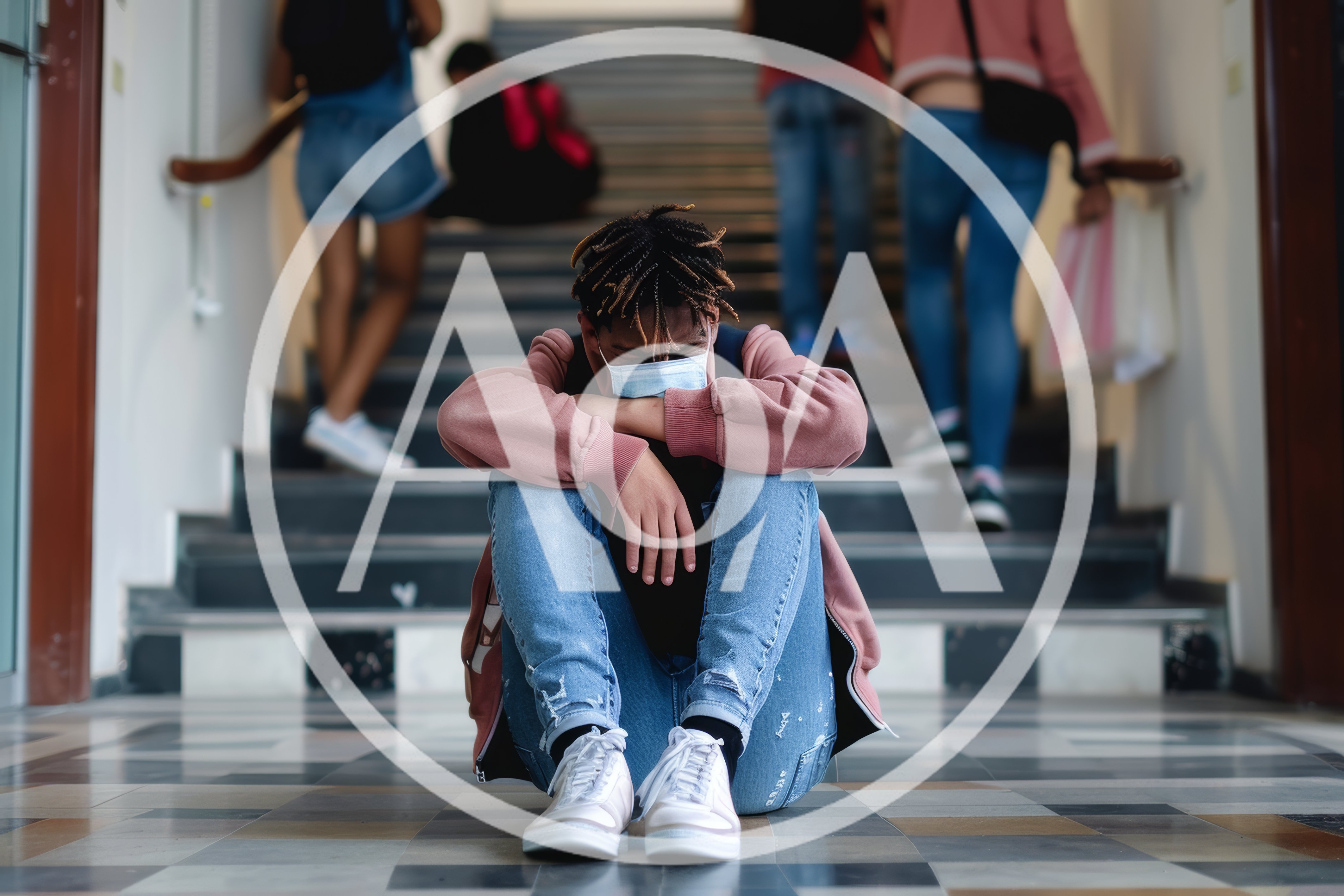 Sad Student Sitting Alone On School Staircase