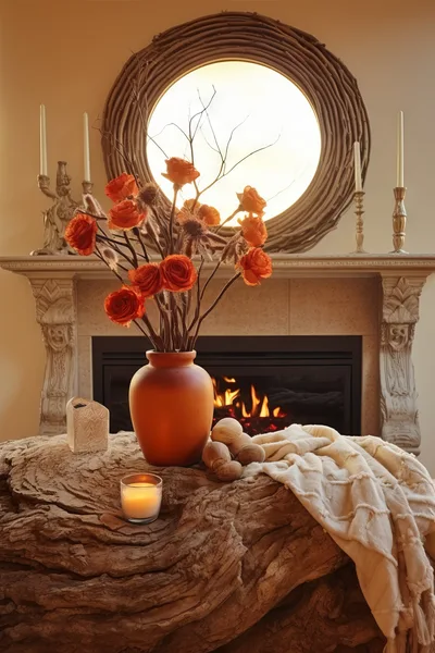 Cozy Living Room Fireplace With Autumnal Floral Decor