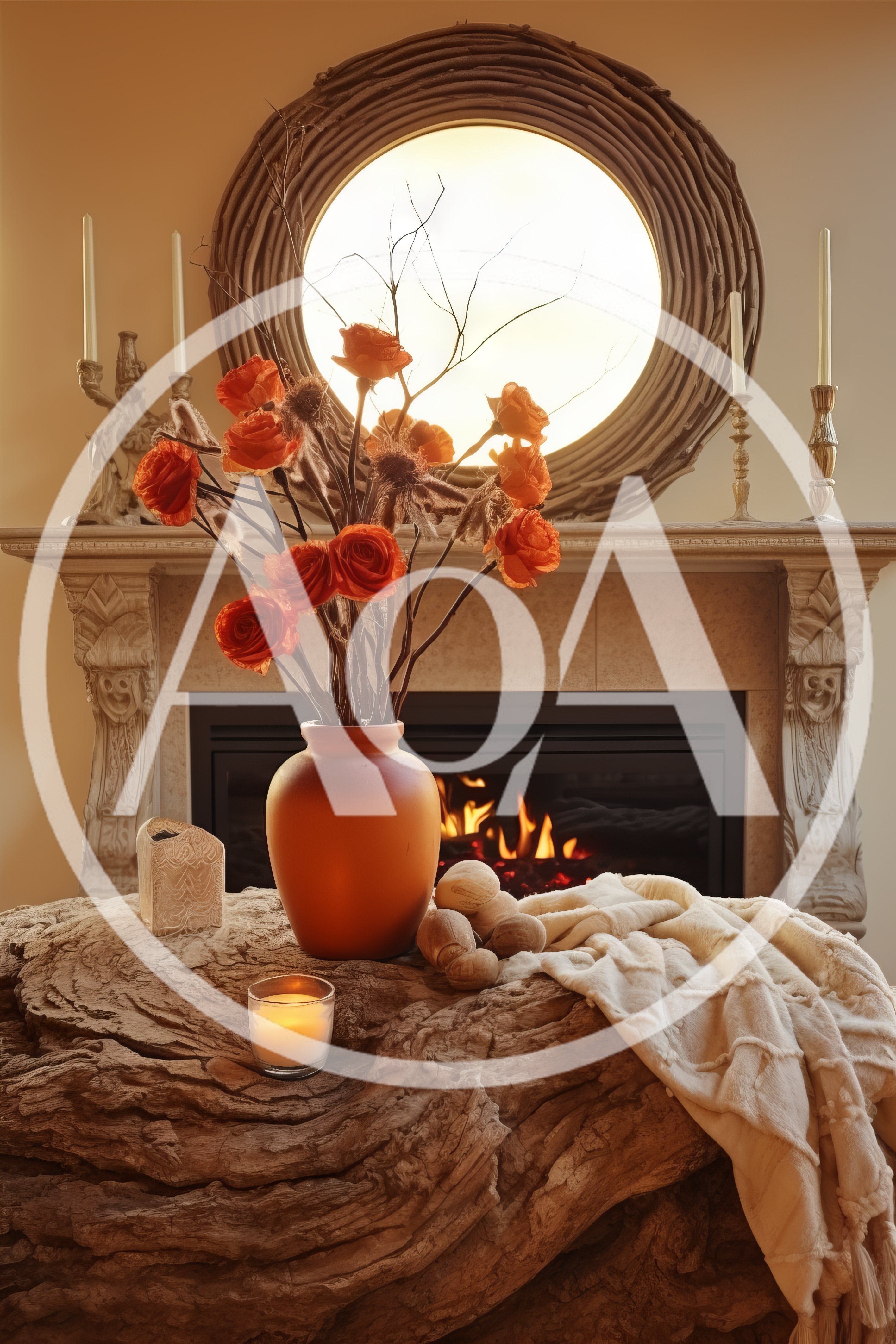 Cozy Living Room Fireplace With Autumnal Floral Decor
