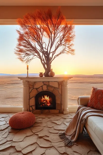 Cozy Living Room With Fireplace Overlooking Desert Sunset