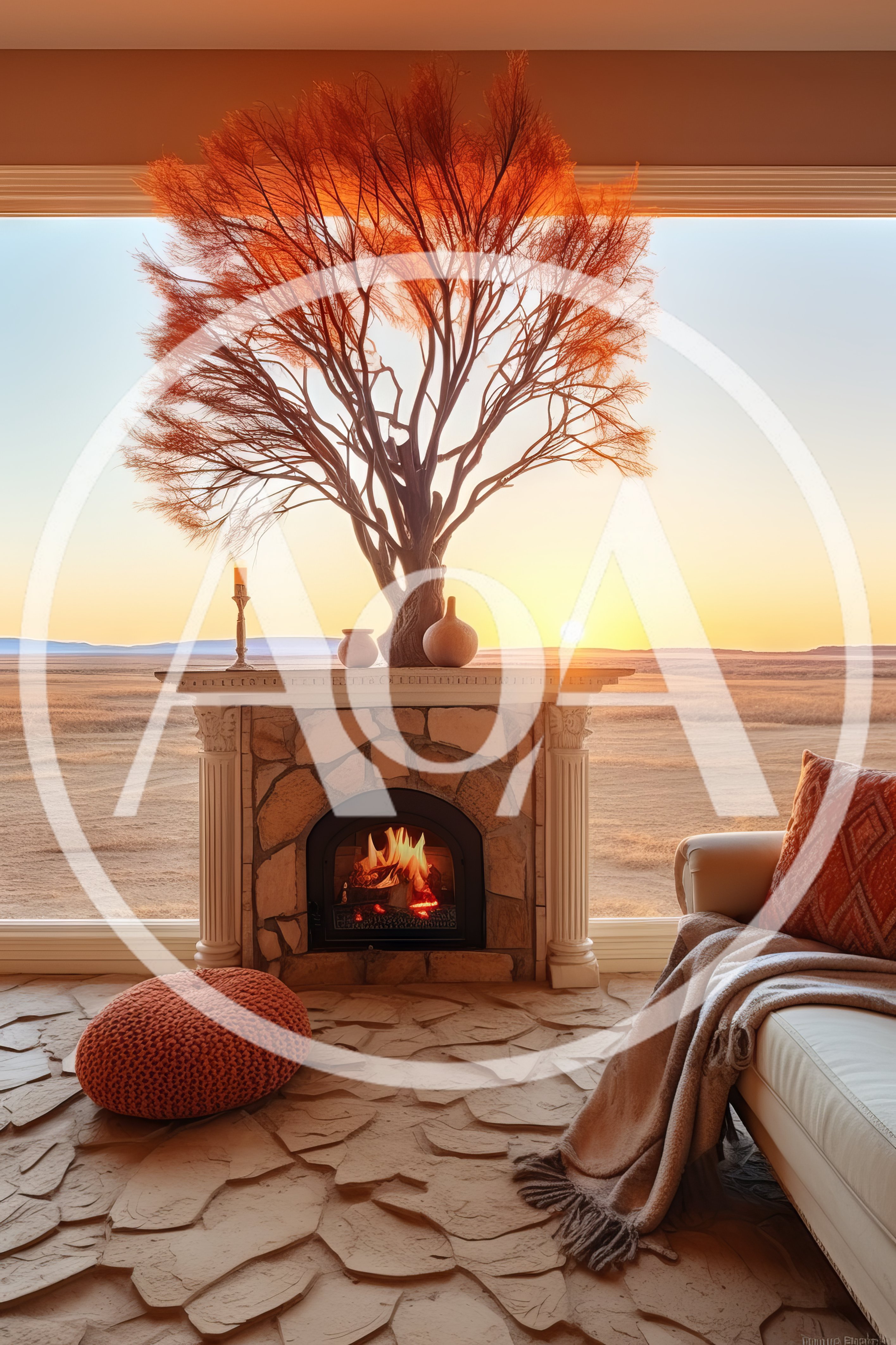 Cozy Living Room With Fireplace Overlooking Desert Sunset