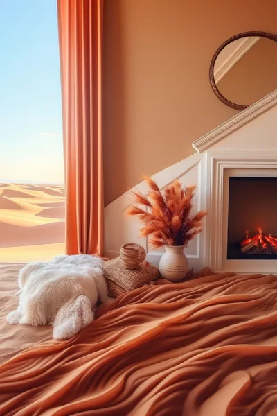 Cozy Desert View Interior With Fireplace And Blanket
