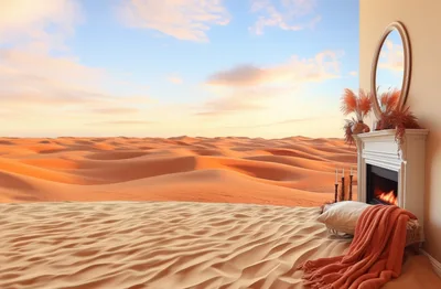 Surreal Desert Fireplace Interior With Sand Dunes