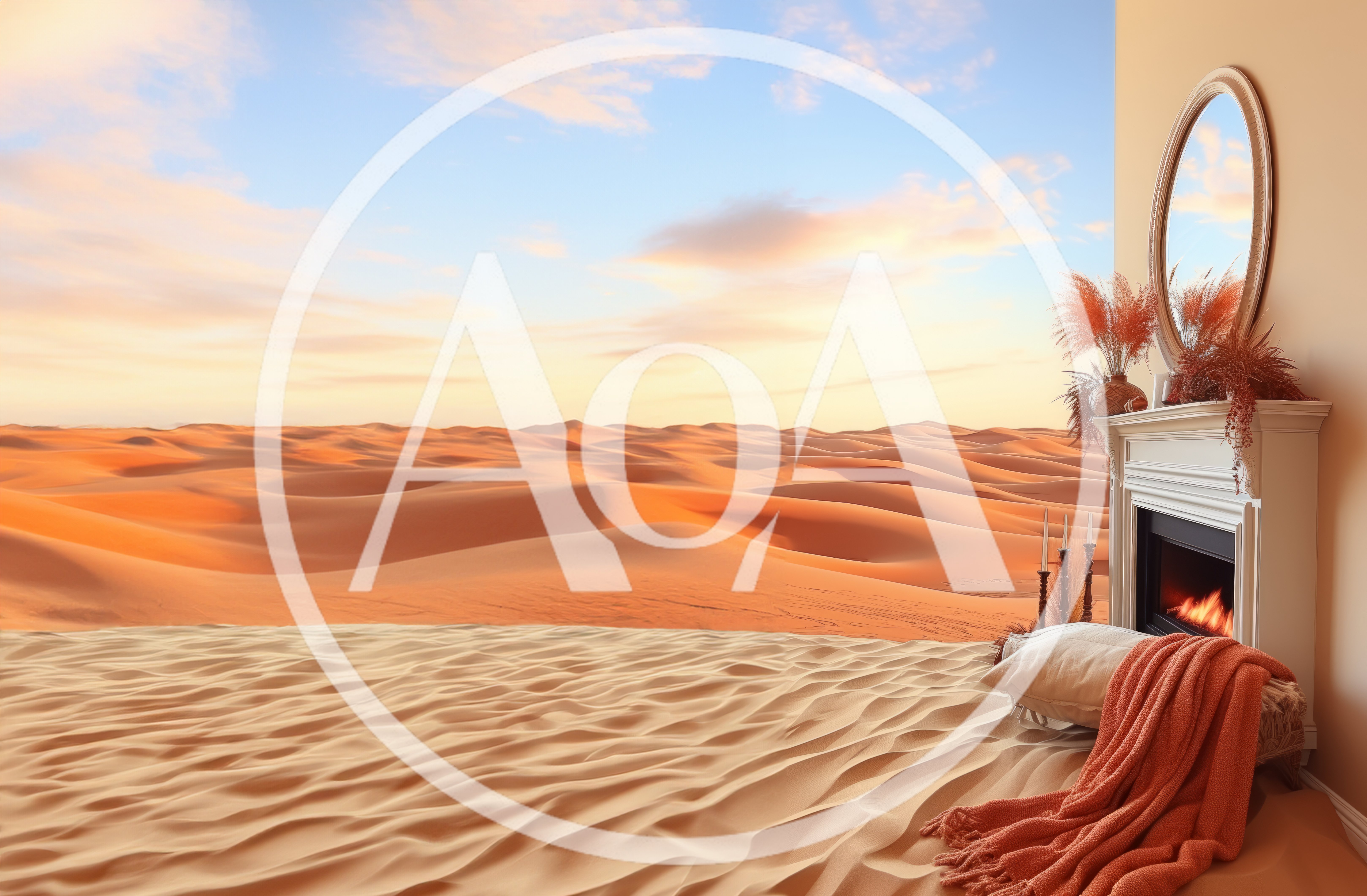 Surreal Desert Fireplace Interior With Sand Dunes