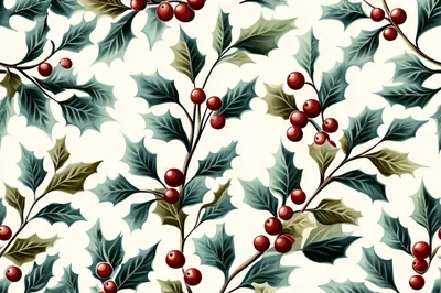 Seamless Pattern Of Holly Leaves And Red Berries