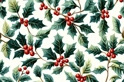 Seamless Pattern Of Christmas Holly Leaves And Berries