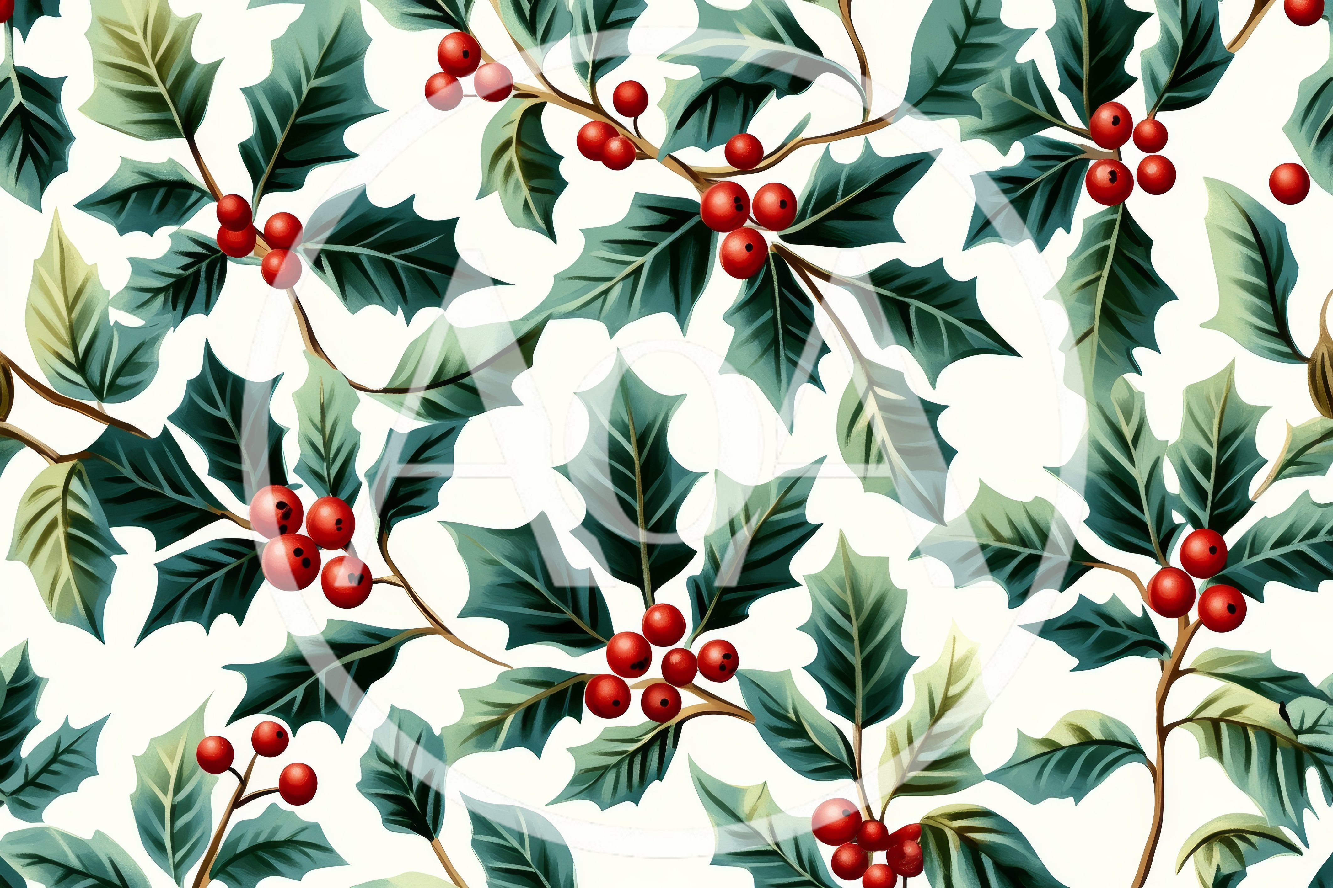 Seamless Pattern Of Christmas Holly Leaves And Berries