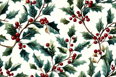 Seamless Pattern Of Holly Leaves And Red Berries