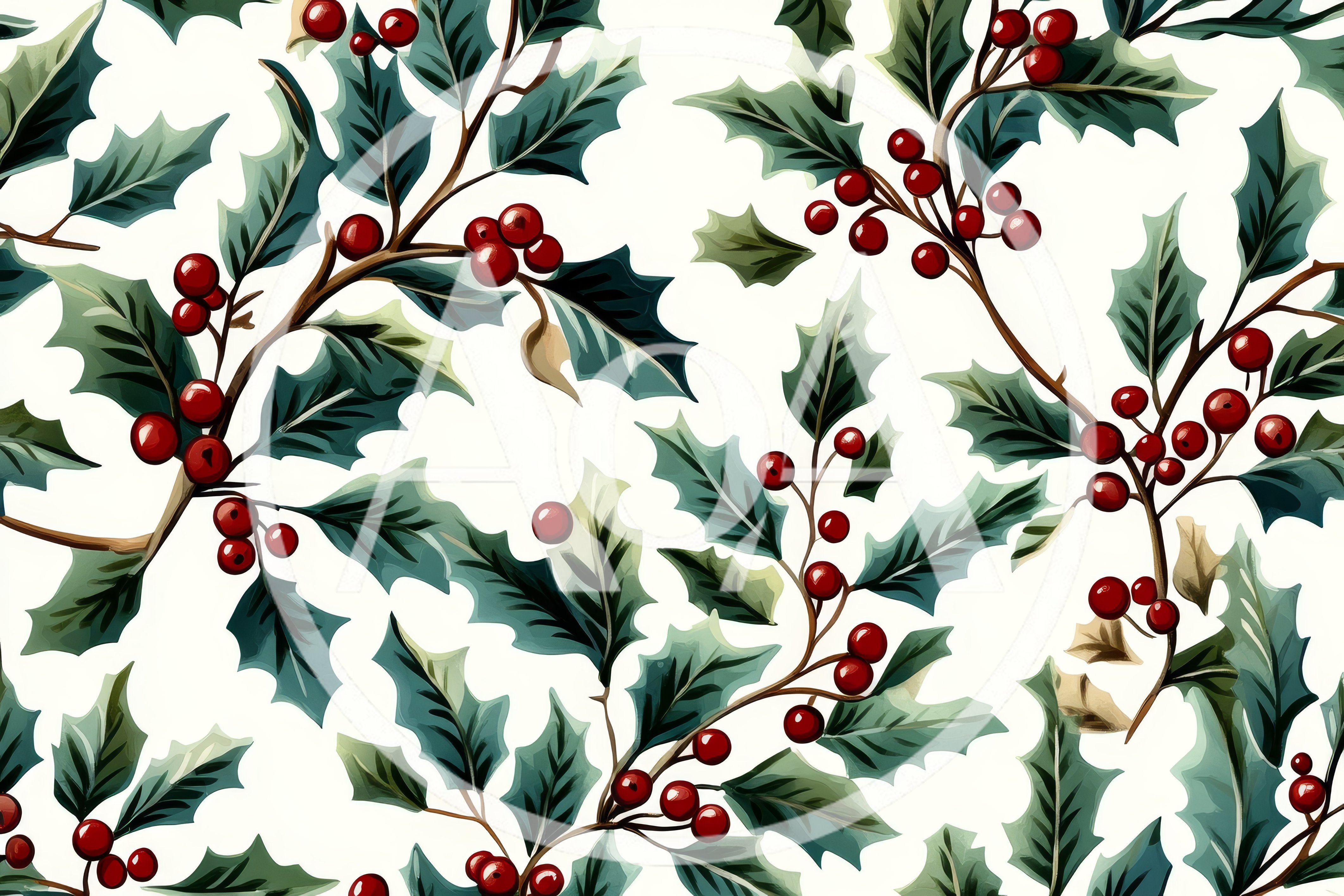 Seamless Pattern Of Holly Leaves And Red Berries