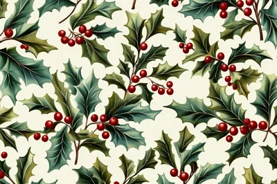 Vintage Christmas Holly Leaves and Berries Pattern