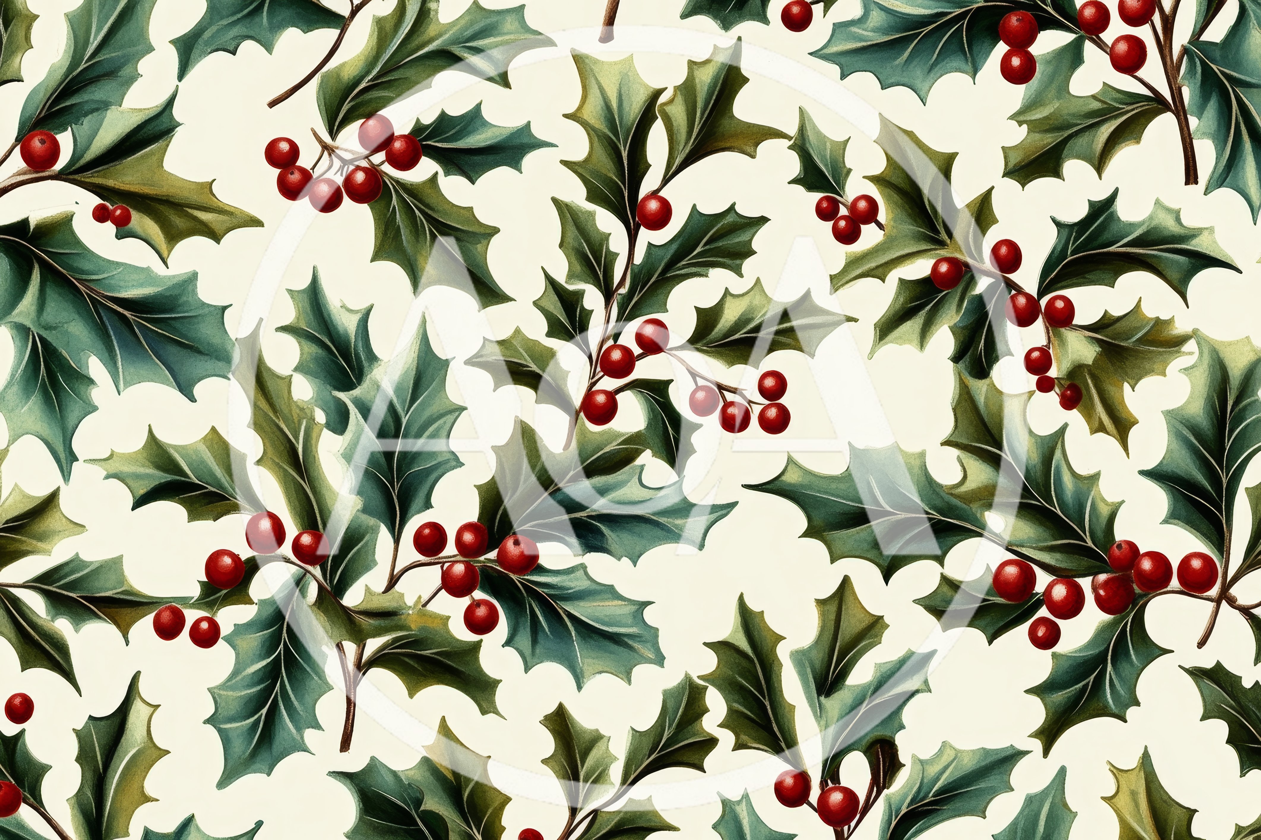 Vintage Christmas Holly Leaves and Berries Pattern