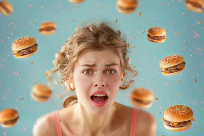Surprised Young Woman Surrounded By Floating Burgers