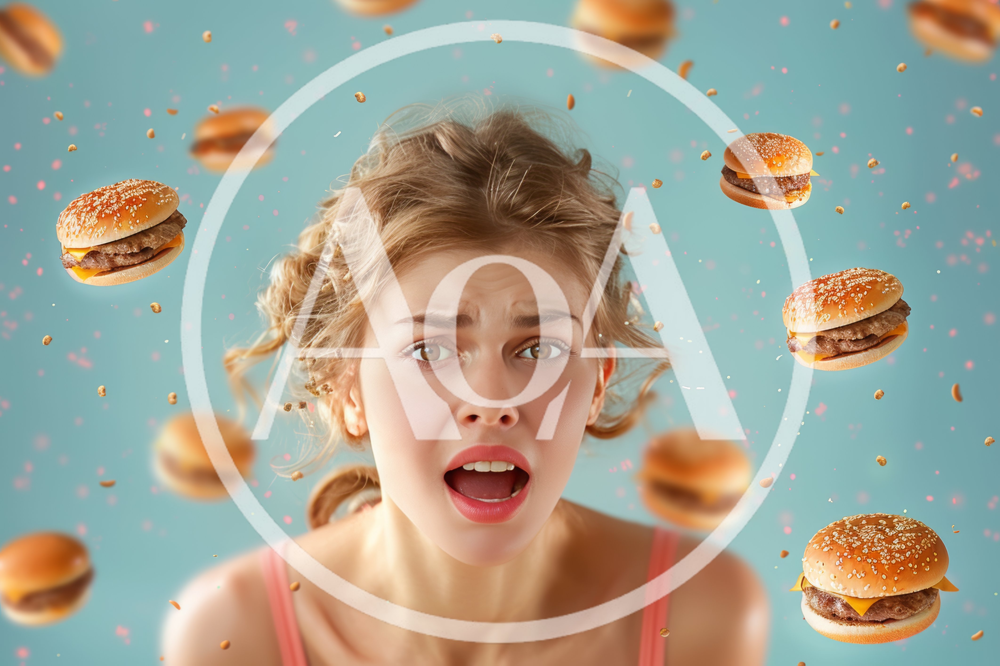 Surprised Young Woman Surrounded By Floating Burgers