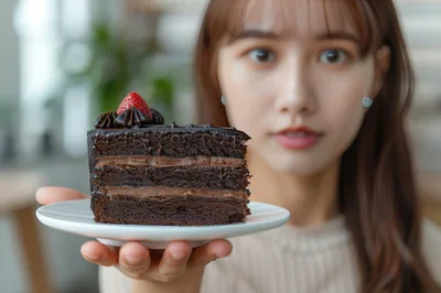Young Woman Holding A Slice Of Chocolate Cake