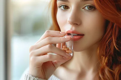 Young Woman Taking Nutritional Supplements From A Small Glass