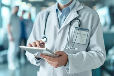 Doctor Using Digital Tablet In Hospital Corridor
