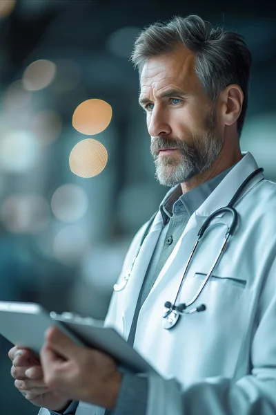 Mature Male Doctor Reviewing Medical Data On Tablet