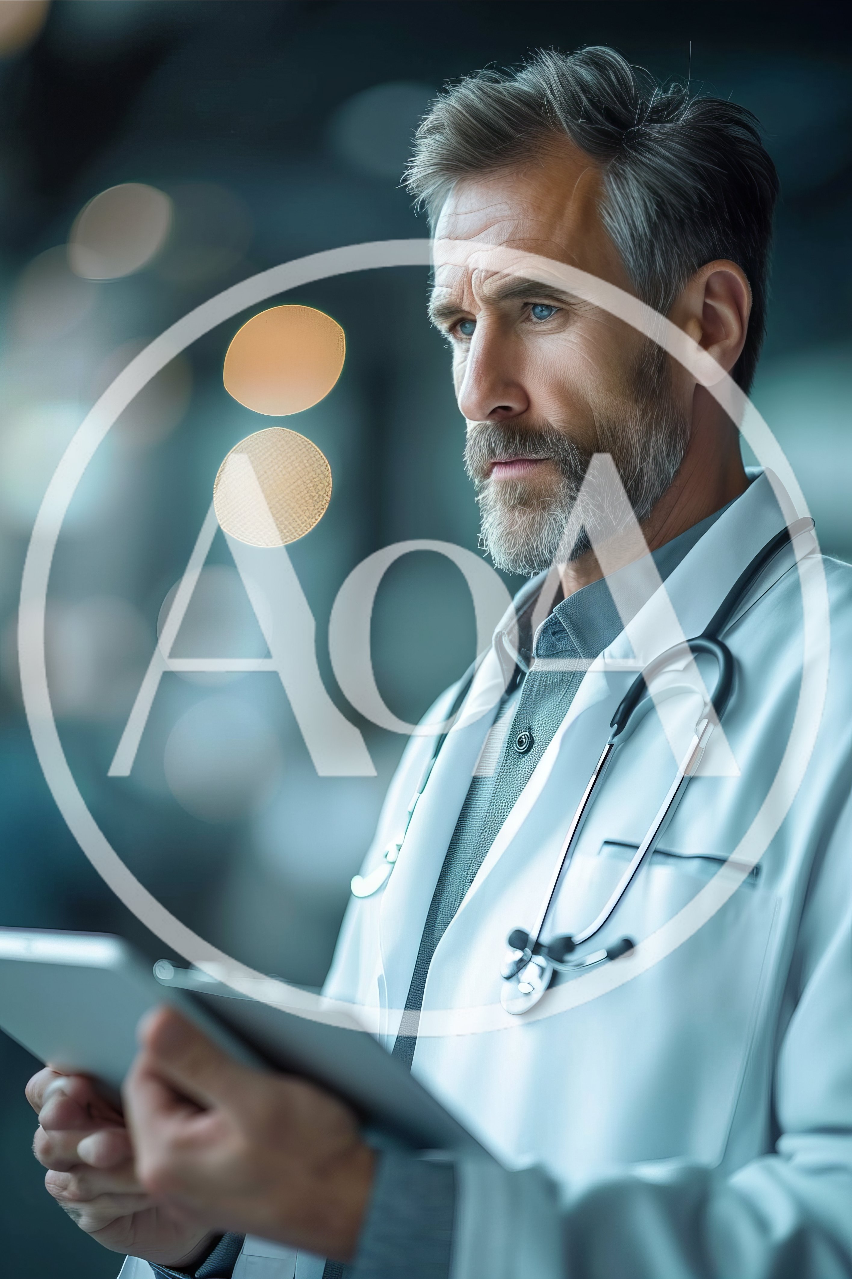 Mature Male Doctor Reviewing Medical Data On Tablet