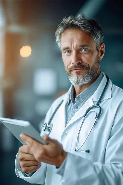Mature Male Doctor Holding Digital Tablet In Hospital