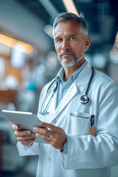 Professional Male Doctor Holding Digital Tablet In Hospital