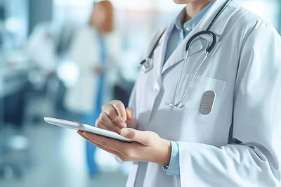 Doctor Using Digital Tablet In Hospital Corridor