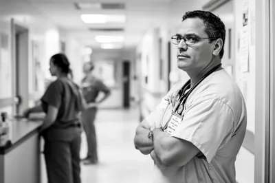 Male Doctor Standing In Hospital Hallway