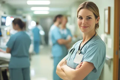 Female Nurse Standing In Hospital Hallway