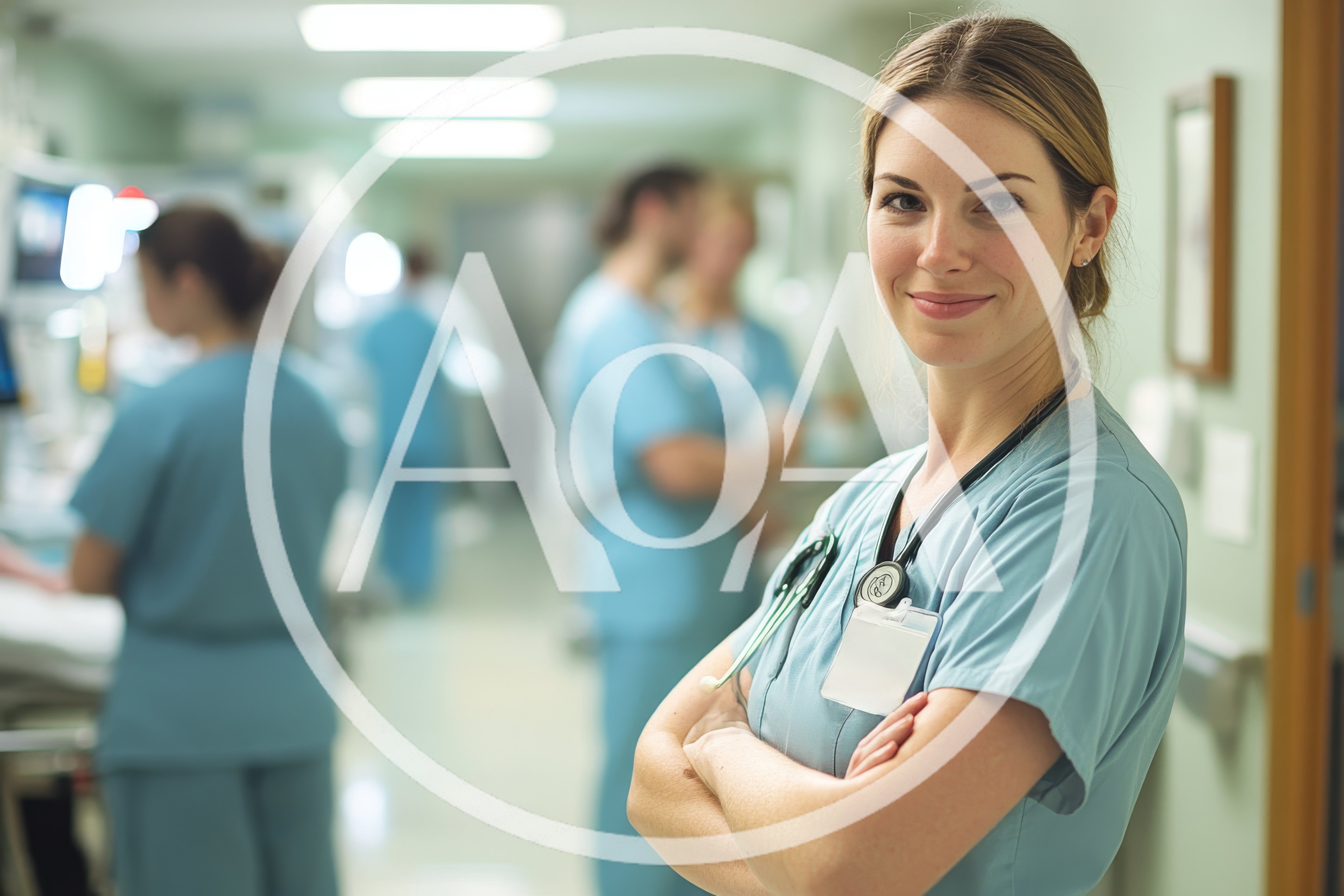 Female Nurse Standing In Hospital Hallway