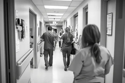 Medical Staff Walking Down Hospital Corridor