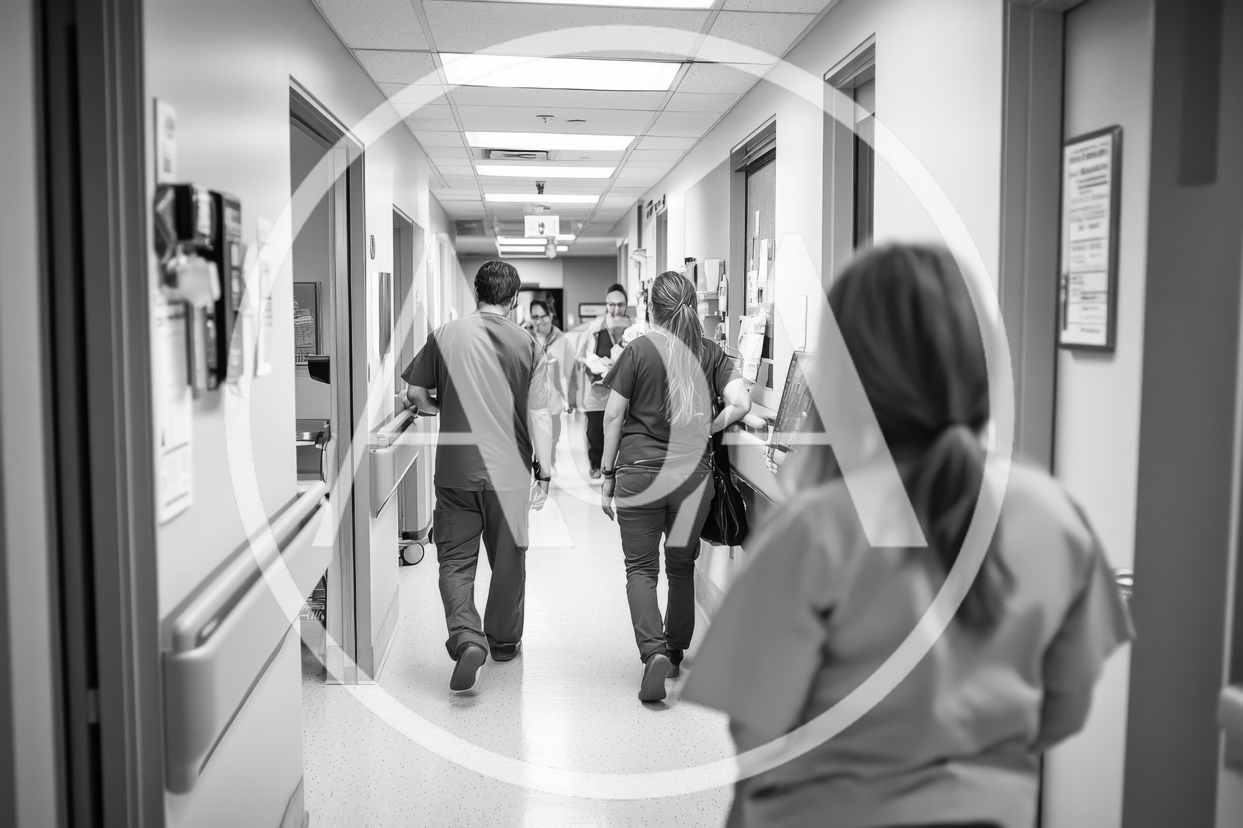 Medical Staff Walking Down Hospital Corridor