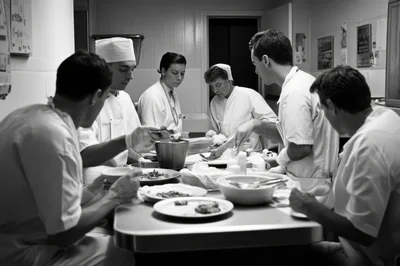 Medical Staff Preparing Meals In Hospital Kitchen
