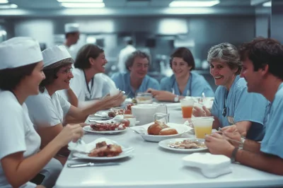 Medical Professionals Eating Lunch Together In Hospital Cafeteria