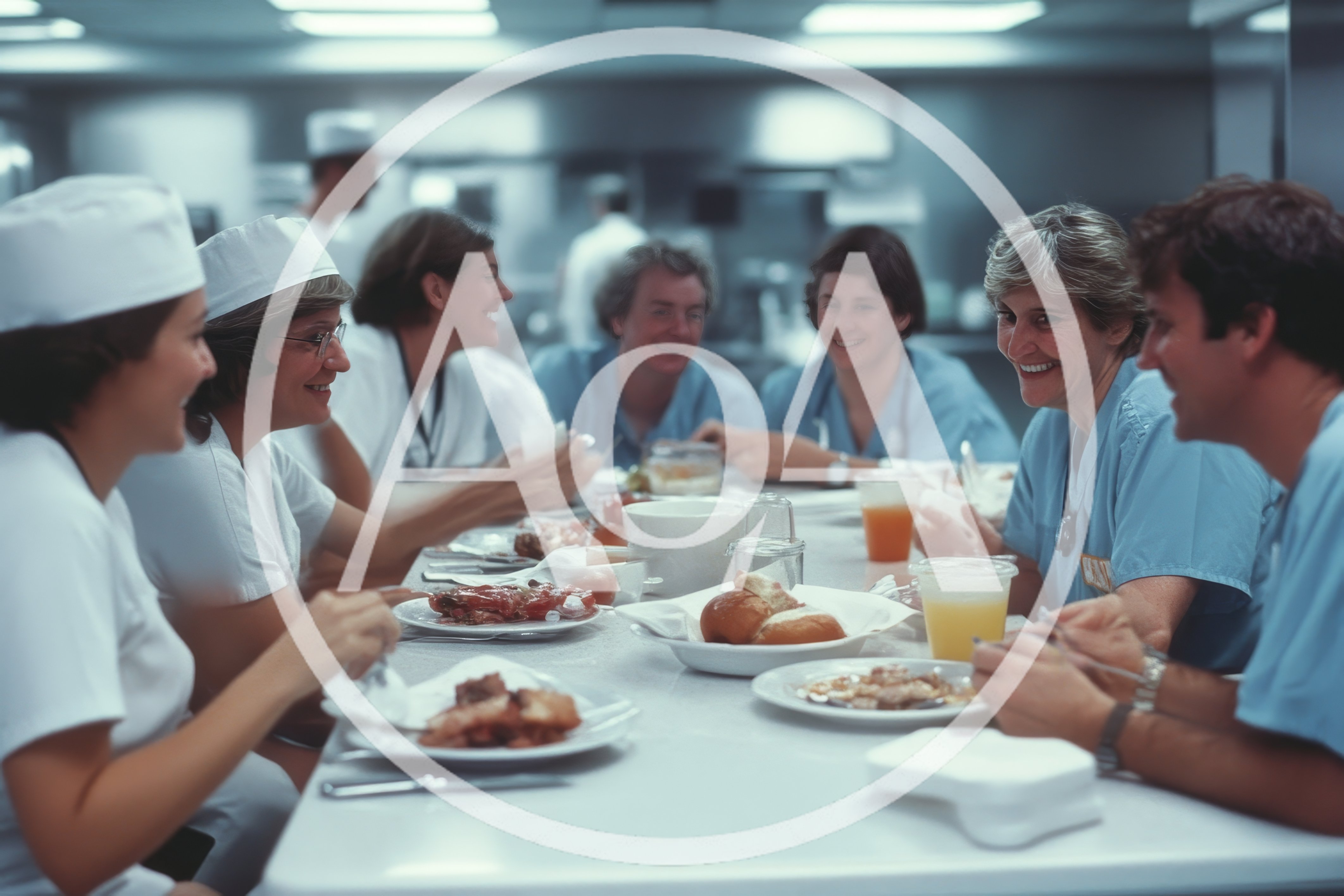 Medical Professionals Eating Lunch Together In Hospital Cafeteria