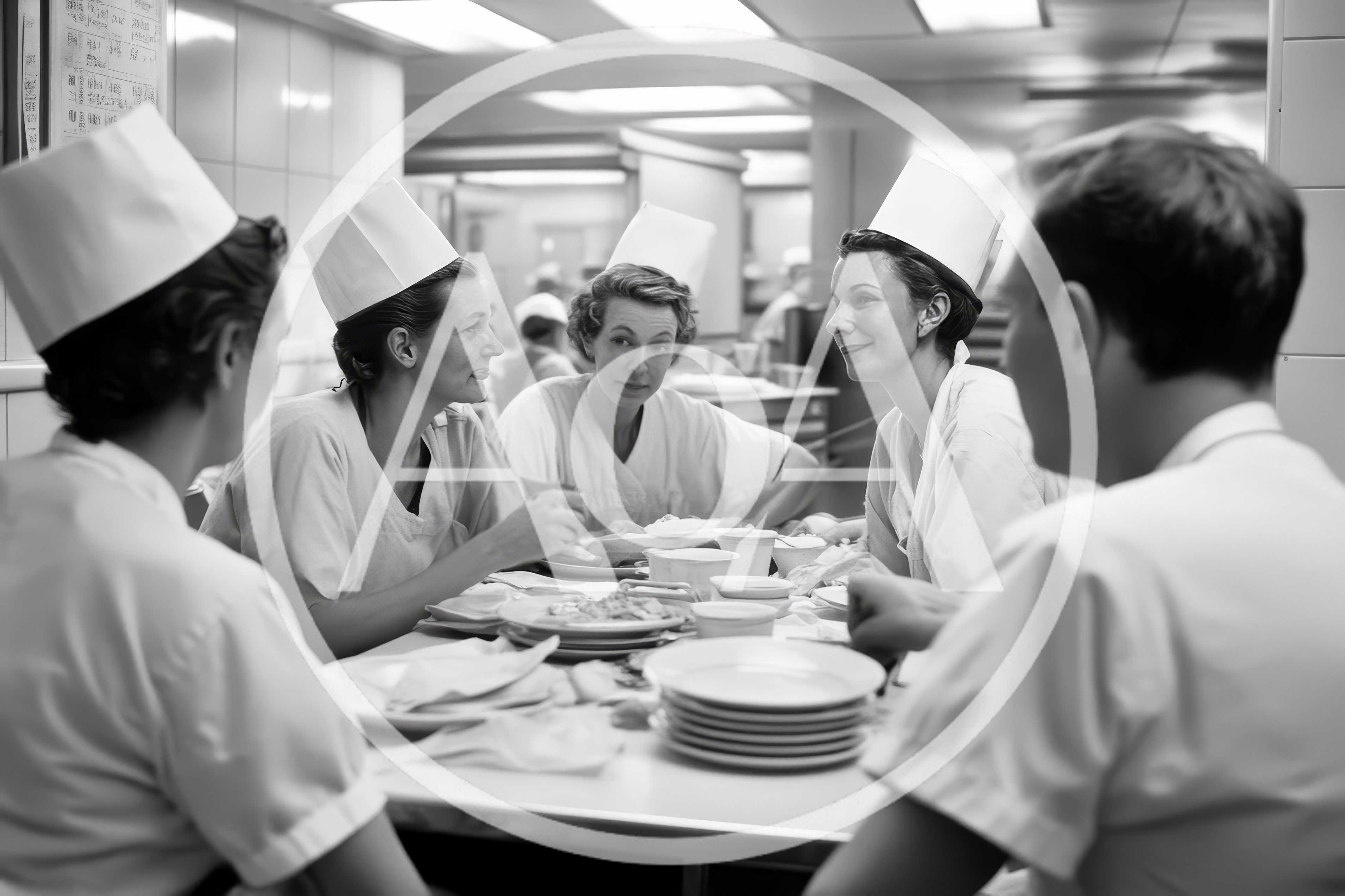 Group Of Chefs Eating Together In A Commercial Kitchen