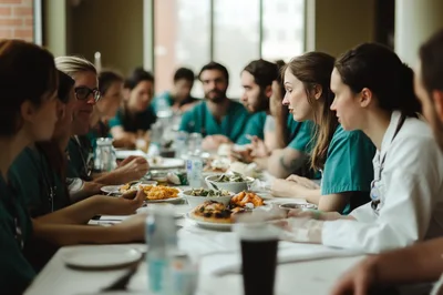 Medical Professionals Having Lunch Together In A Cafeteria